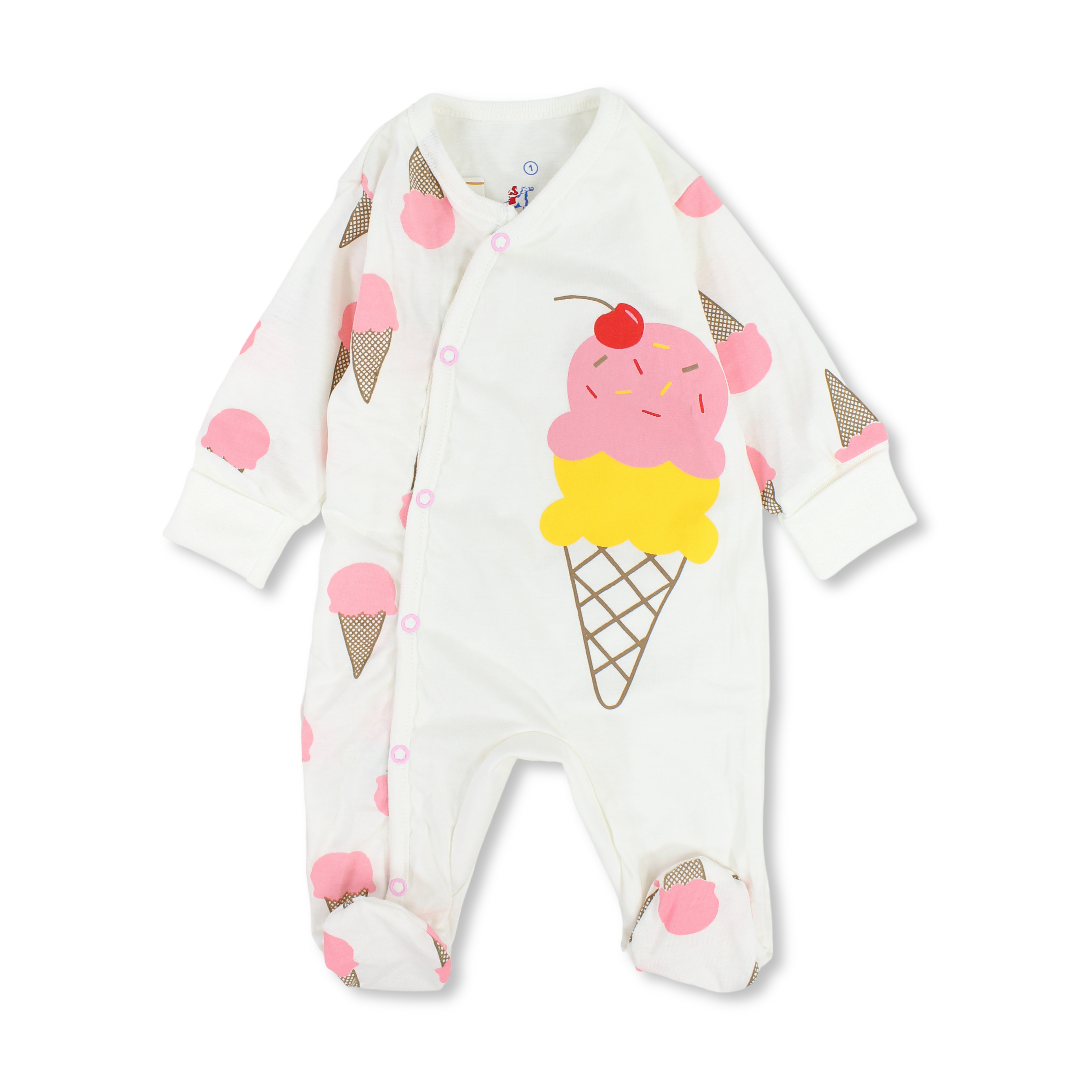 Baby Girls Cotton Baby Footie – Off-White with Ice Cream Print