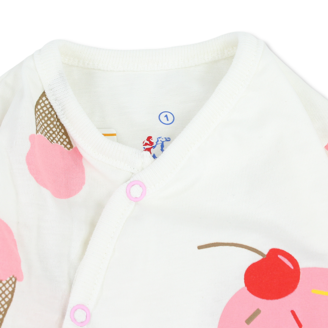 Baby Girls Cotton Baby Footie – Off-White with Ice Cream Print