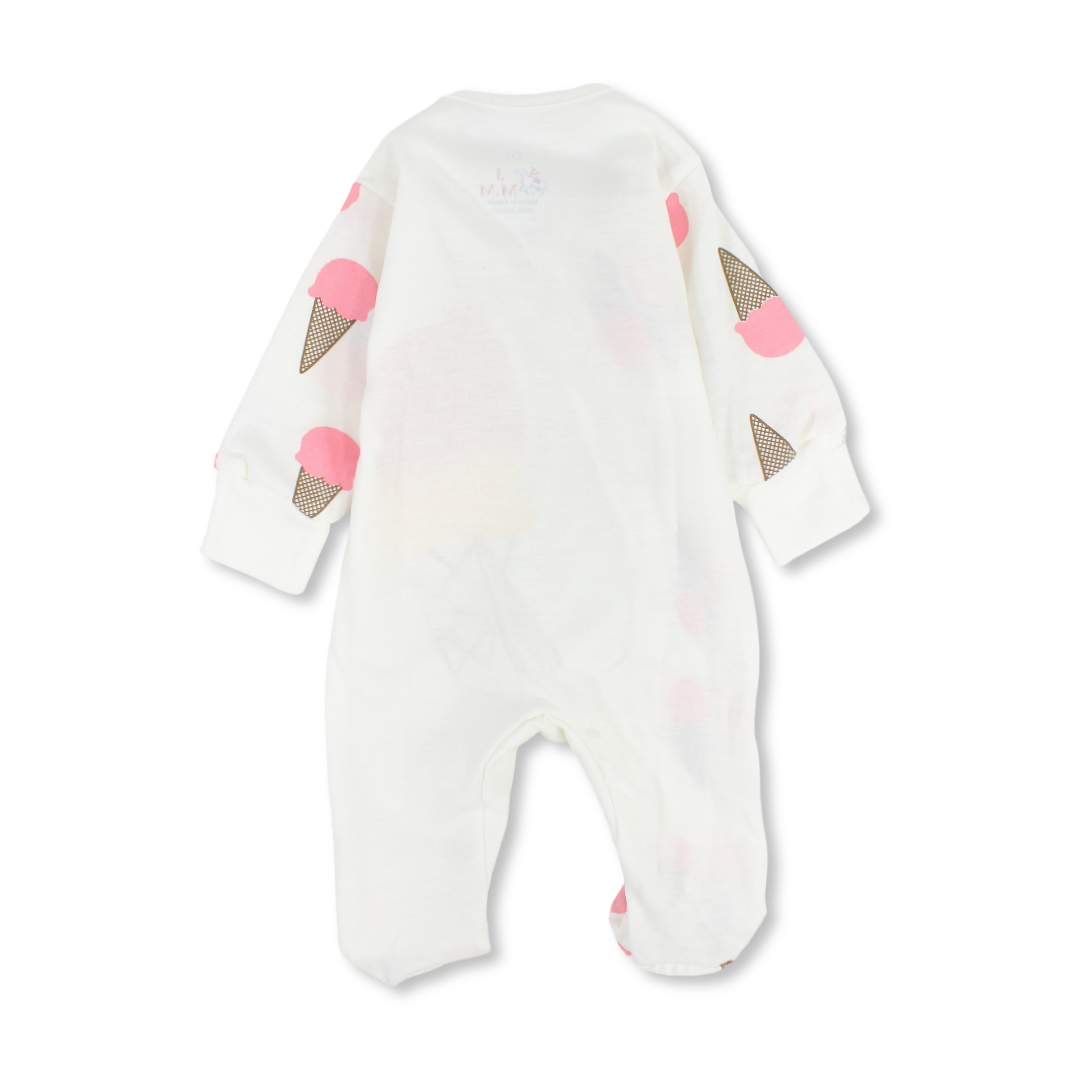 Baby Girls Cotton Baby Footie – Off-White with Ice Cream Print