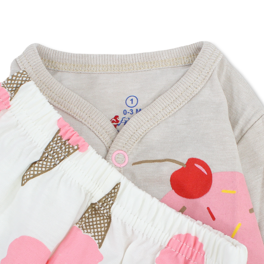 Baby Girls Cotton Pajama – Beige with Ice Cream Print