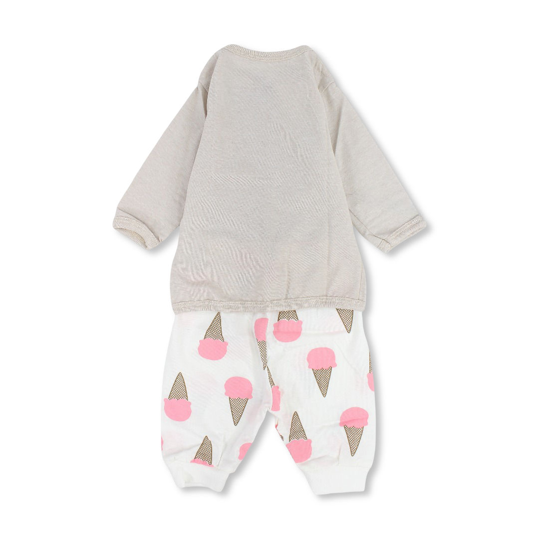 Baby Girls Cotton Pajama – Beige with Ice Cream Print