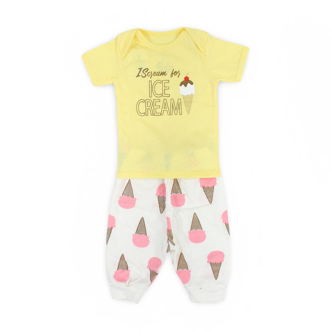 Baby Girls Cotton Pajama – Yellow with Ice Cream Print