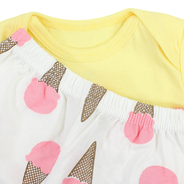 Baby Girls Cotton Pajama – Yellow with Ice Cream Print