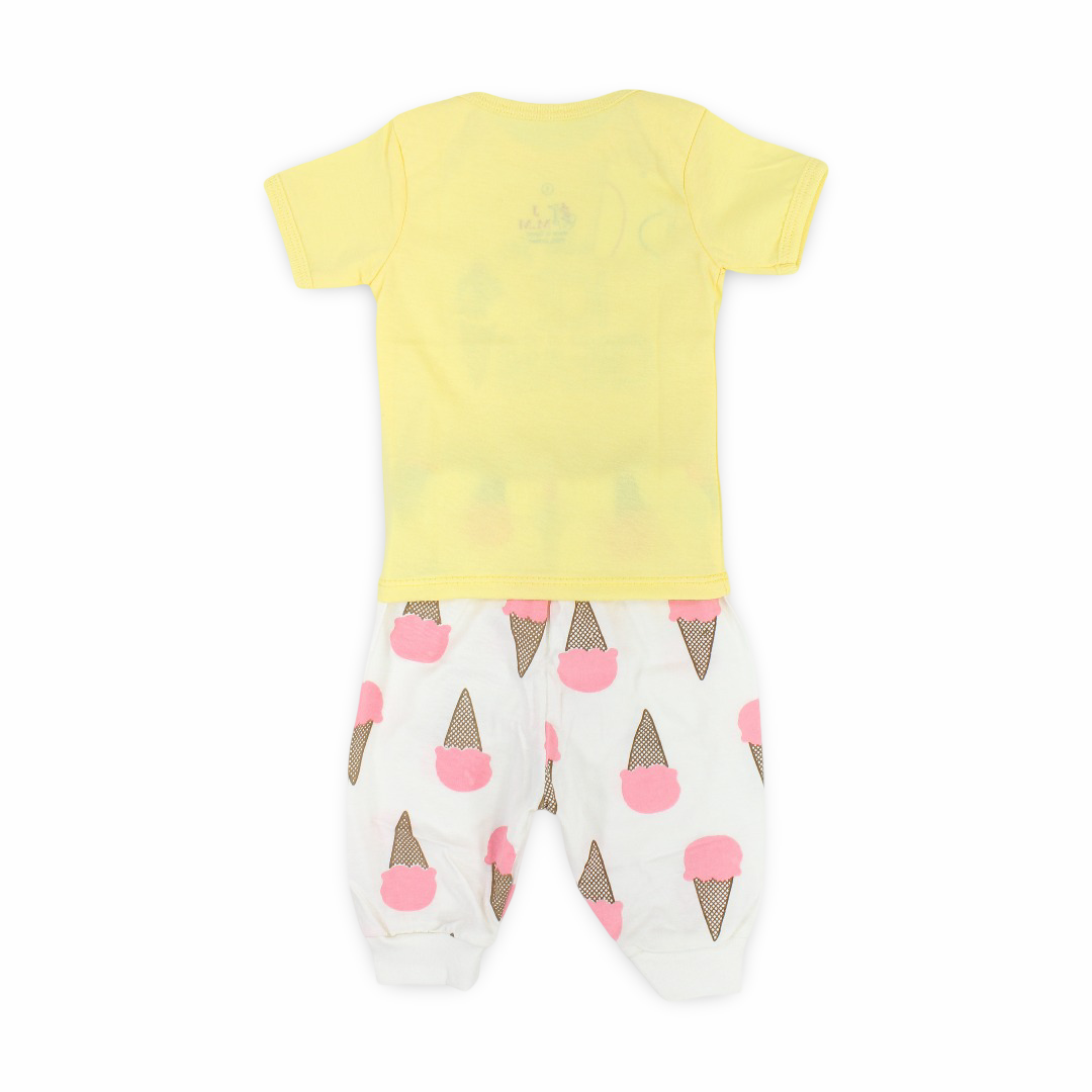 Baby Girls Cotton Pajama – Yellow with Ice Cream Print