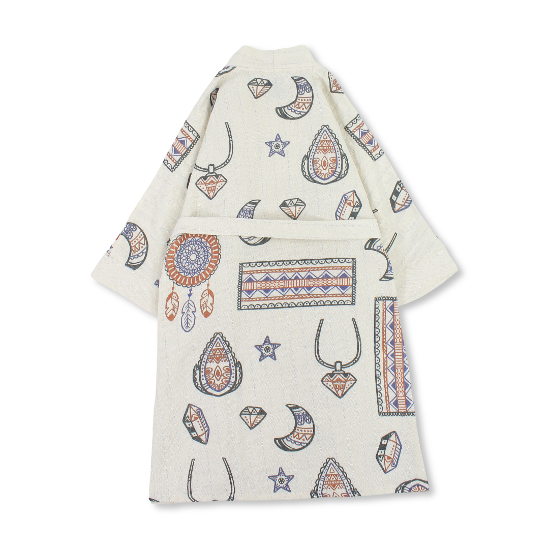 Girls Linen Kaftan – Beige with Heritage Print