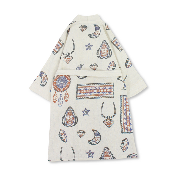 Girls Linen Kaftan – Beige with Heritage Print