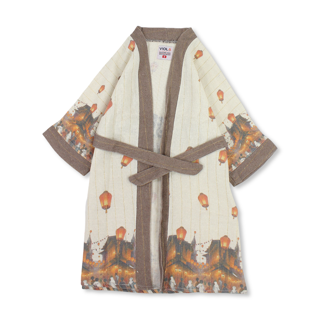 Girls Linen Kaftan – Beige with Lantern Print - Clothing - HAJJAR CO