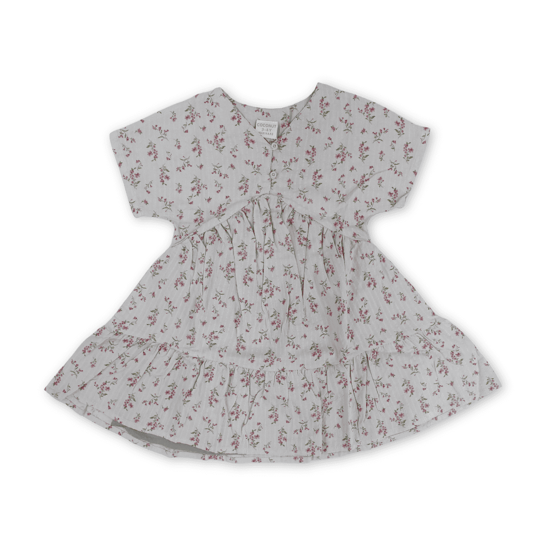 Girls Cotton Dress – Grey with Flowers Print - Clothing - Coconut