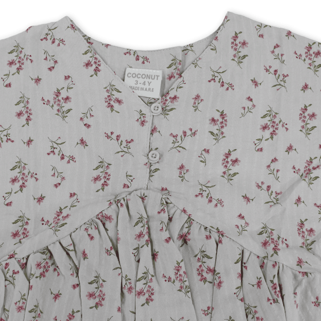 Girls Cotton Dress – Grey with Flowers Print
