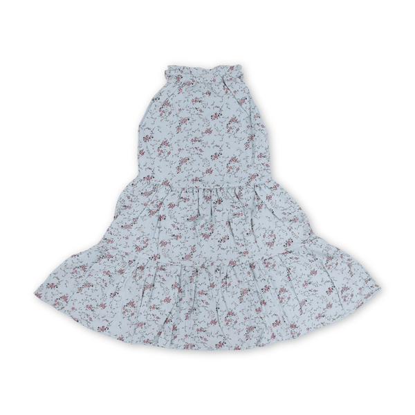 Girls Cotton Sleeveless Dress – Baby Blue with Flowers Print