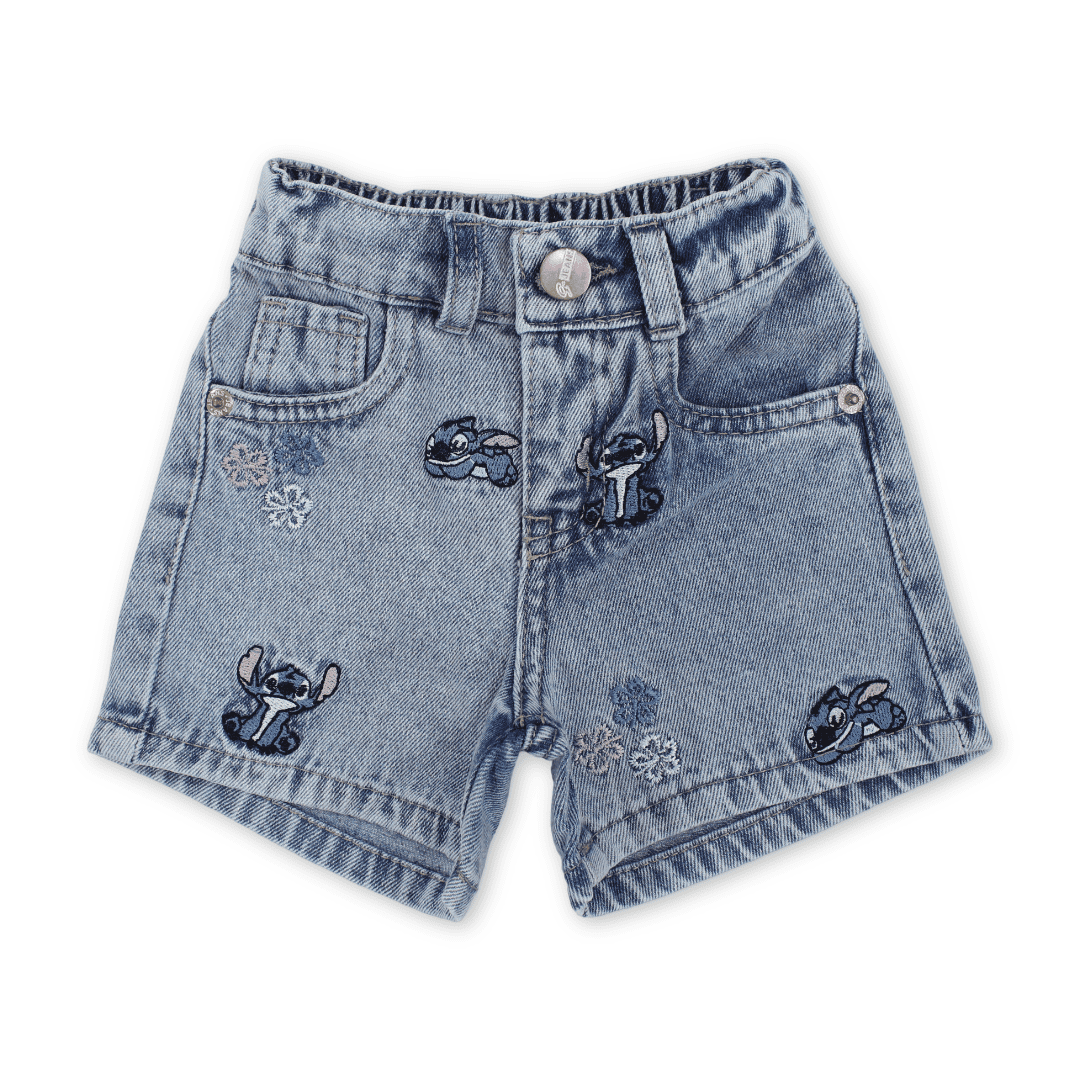 Baby Girls Cotton Denim Short – Light Blue with Stitch Embroidery