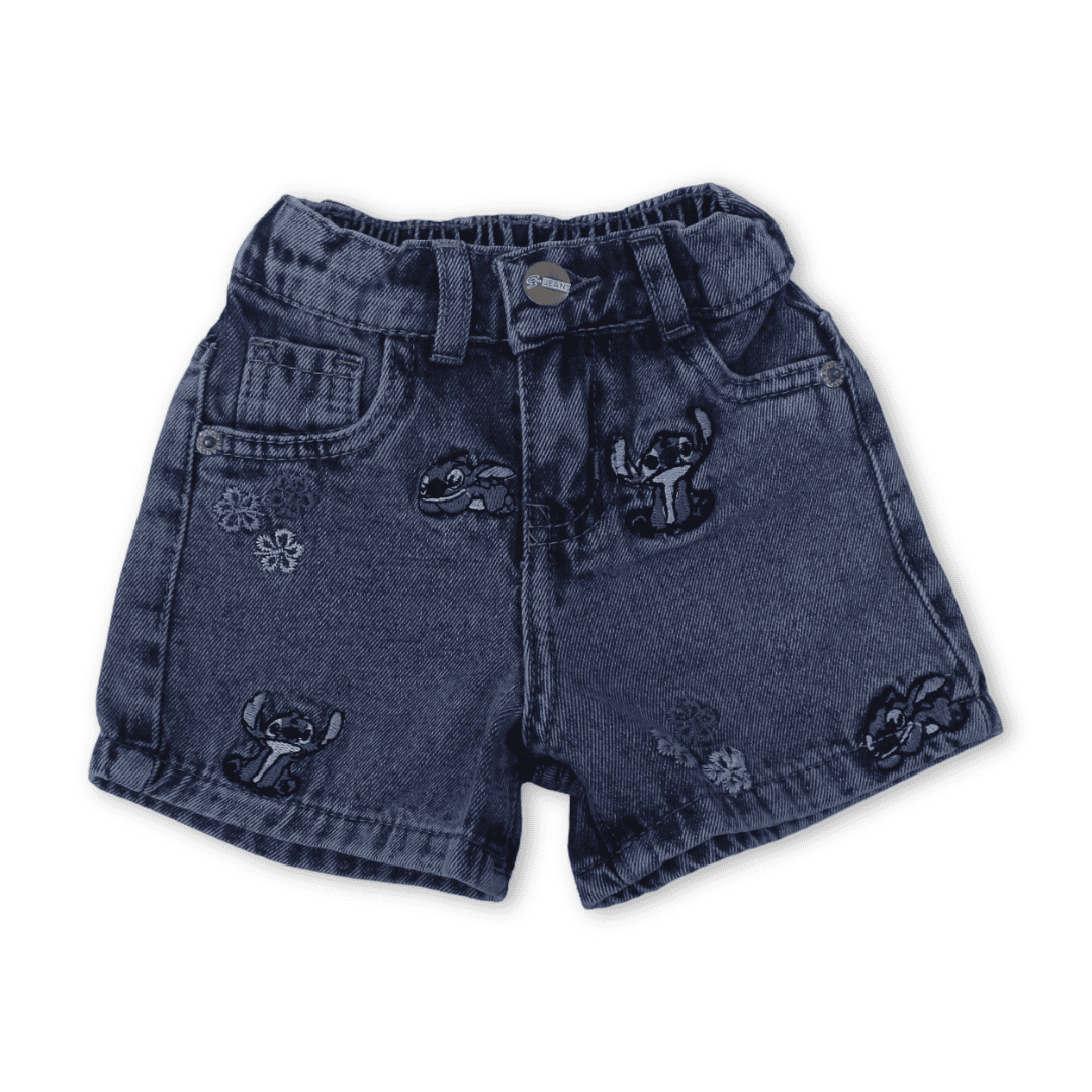 Baby Girls Cotton Denim Short – Dark Blue with Stitch Embroidery