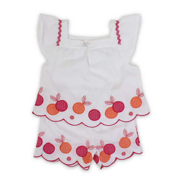 Baby Girls Cotton Outfit Set – White with Fruit Embroidery