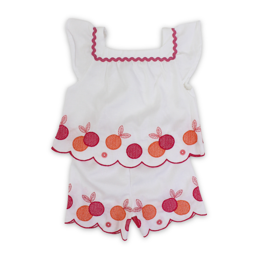 Baby Girls Cotton Outfit Set – White with Fruit Embroidery - Clothing - Mimar