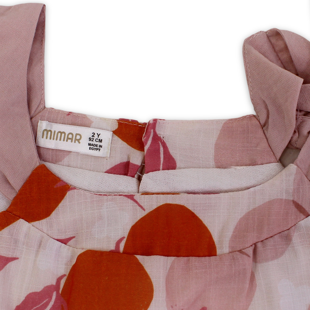 Girls Cotton Dress – Off-White with Orange Print