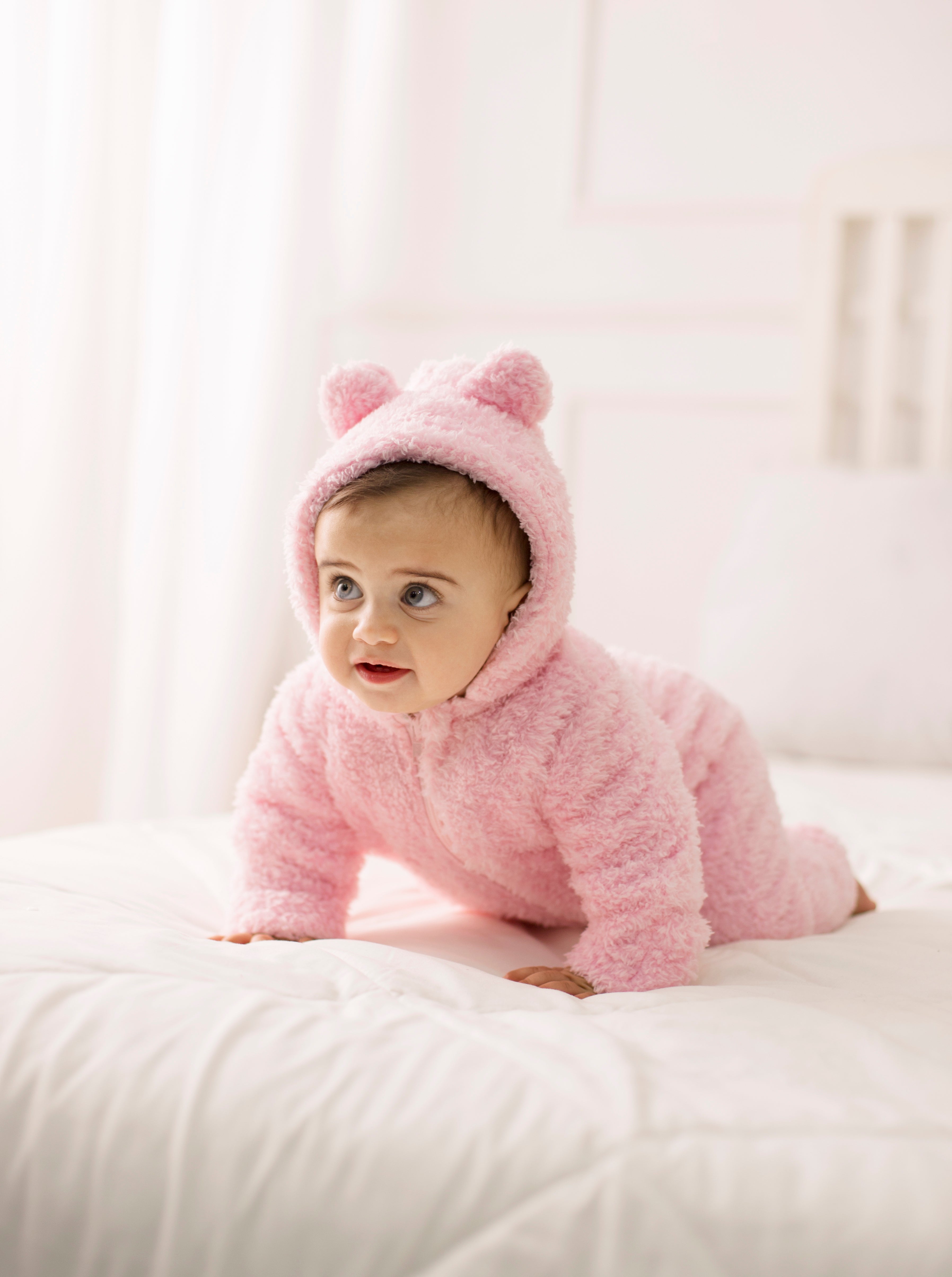 Baby Girls Fleeced Hooded Footless Onesie – Pink