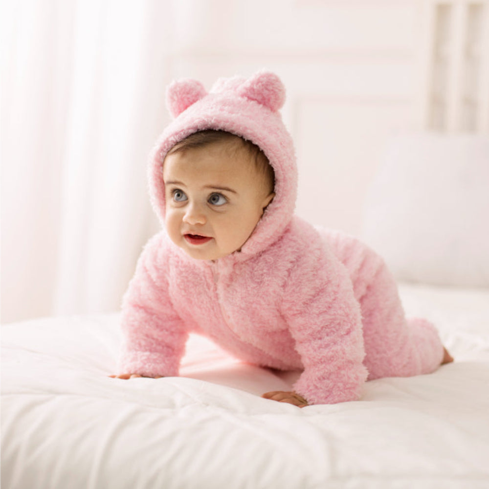 Baby Girls Fleece Hooded Footless Onesie – Pink