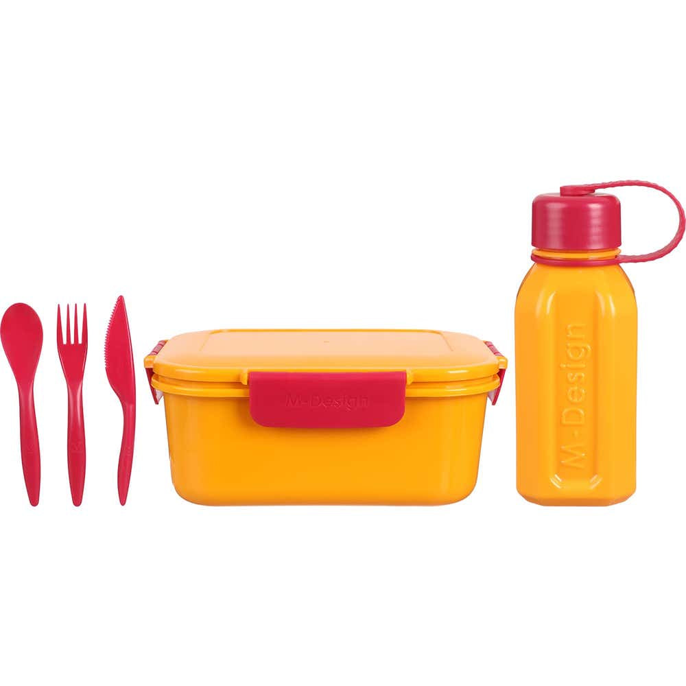 M-Design Lunch Set (2.1L Lunch Box & 800ml Water Bottle & Cutlery Set) – Orange/Fuchsia