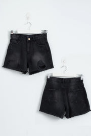 Ripped Denim Shorts - Black