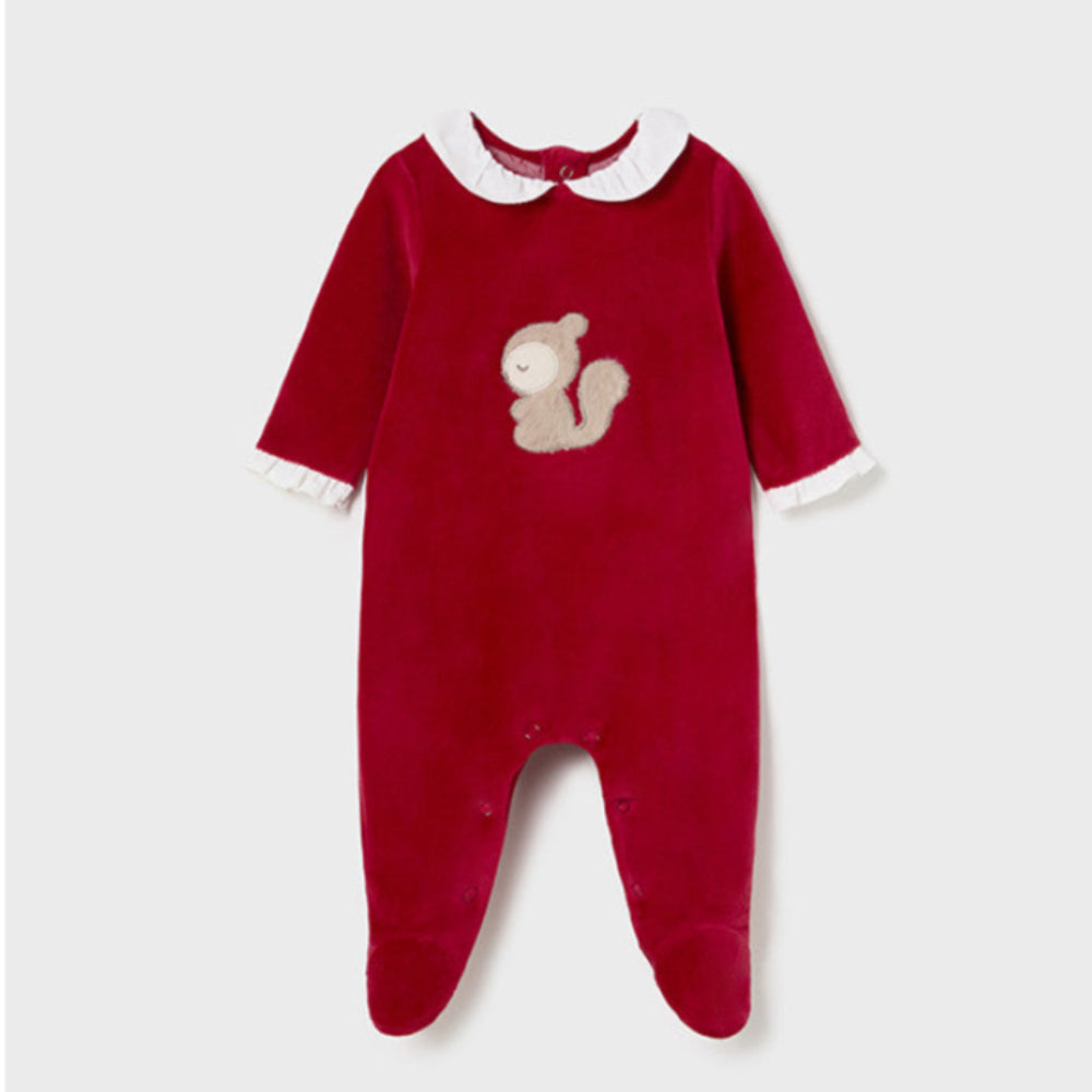 Baby Girls Velvet Baby Footie - Squirrel Embroidery