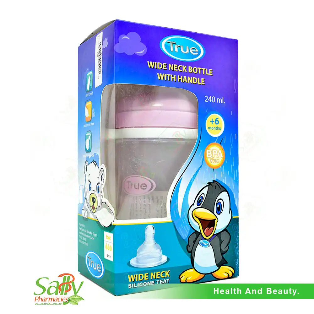 True Wide Neck Feeding Bottle with Handles 240ml – Pink