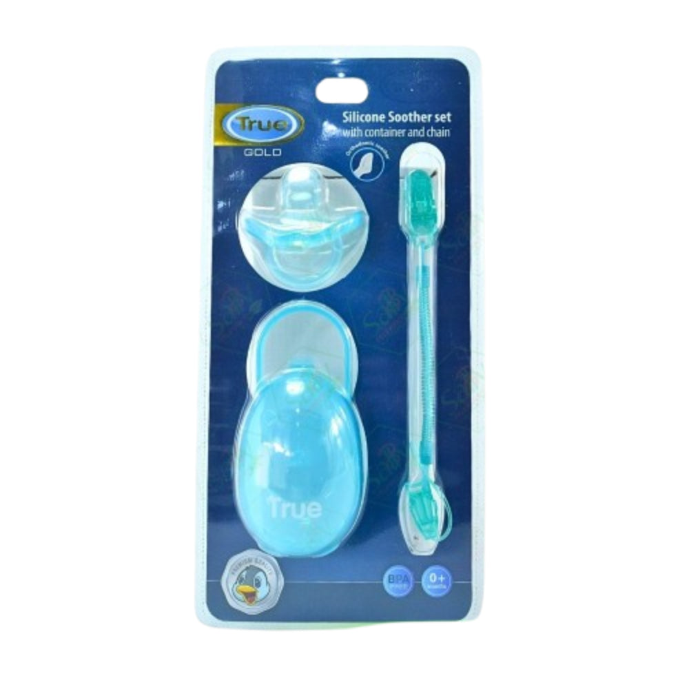 True Gold Silicone Pacifier Set – Turquoise (Silicone Soother, Chain & Case)