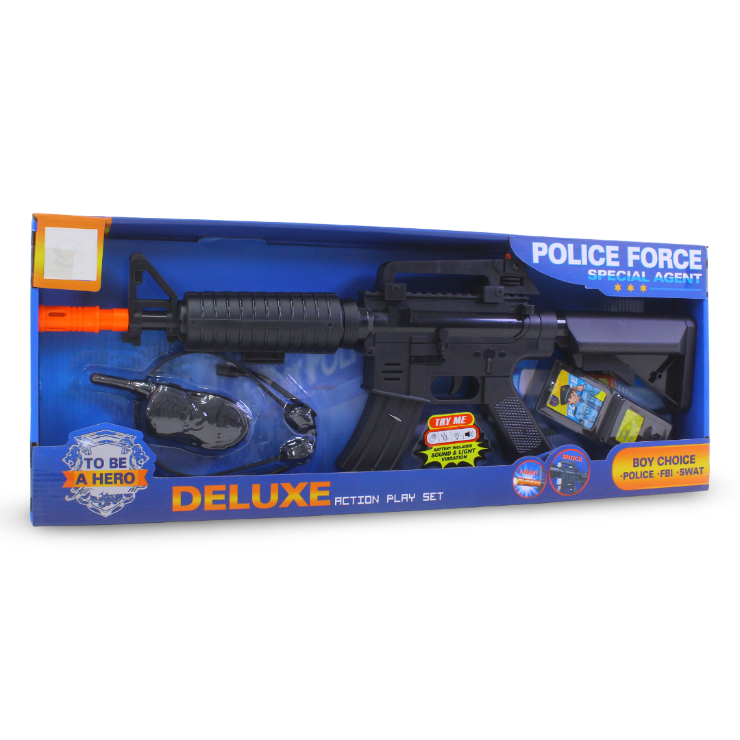 Police Force Toy Rifle Set with Sound & Light, Headset & Accessories – Black