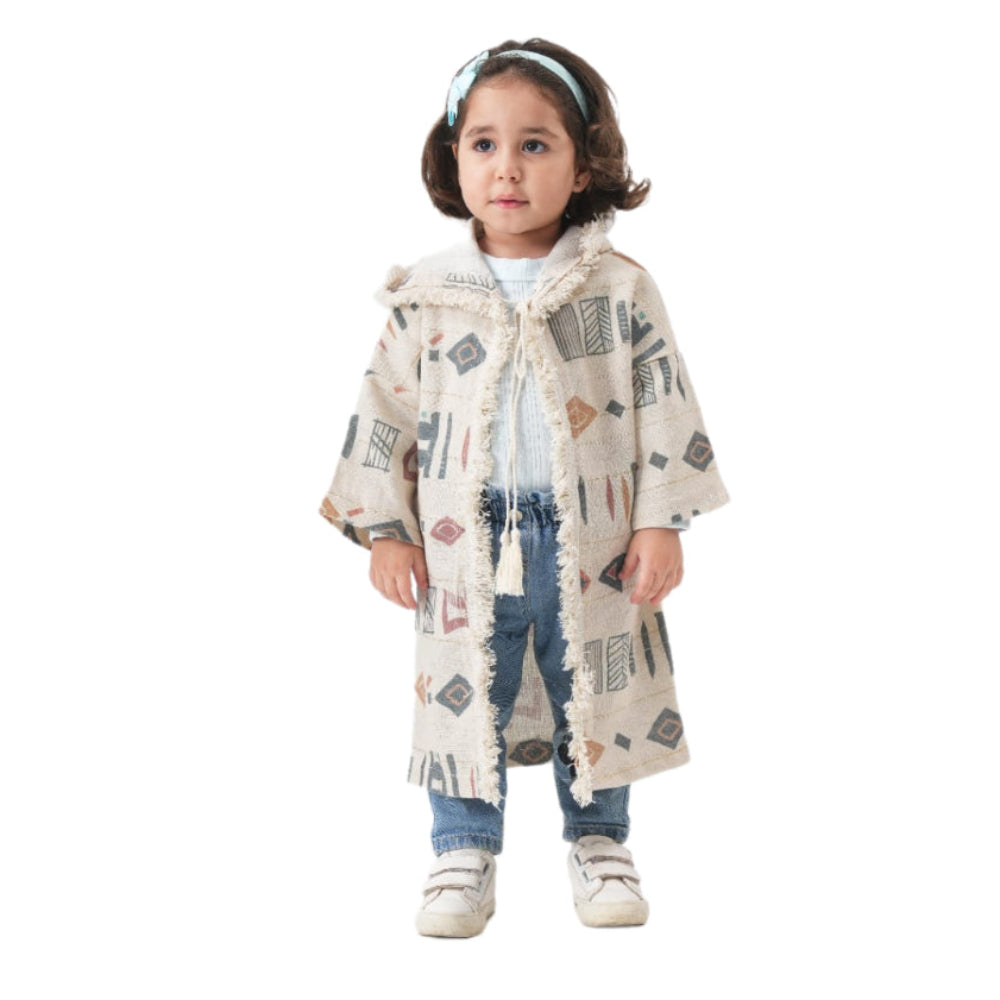 Ramadan Baby Girls Linen Hooded Kaftan – Beige Printed - Clothing