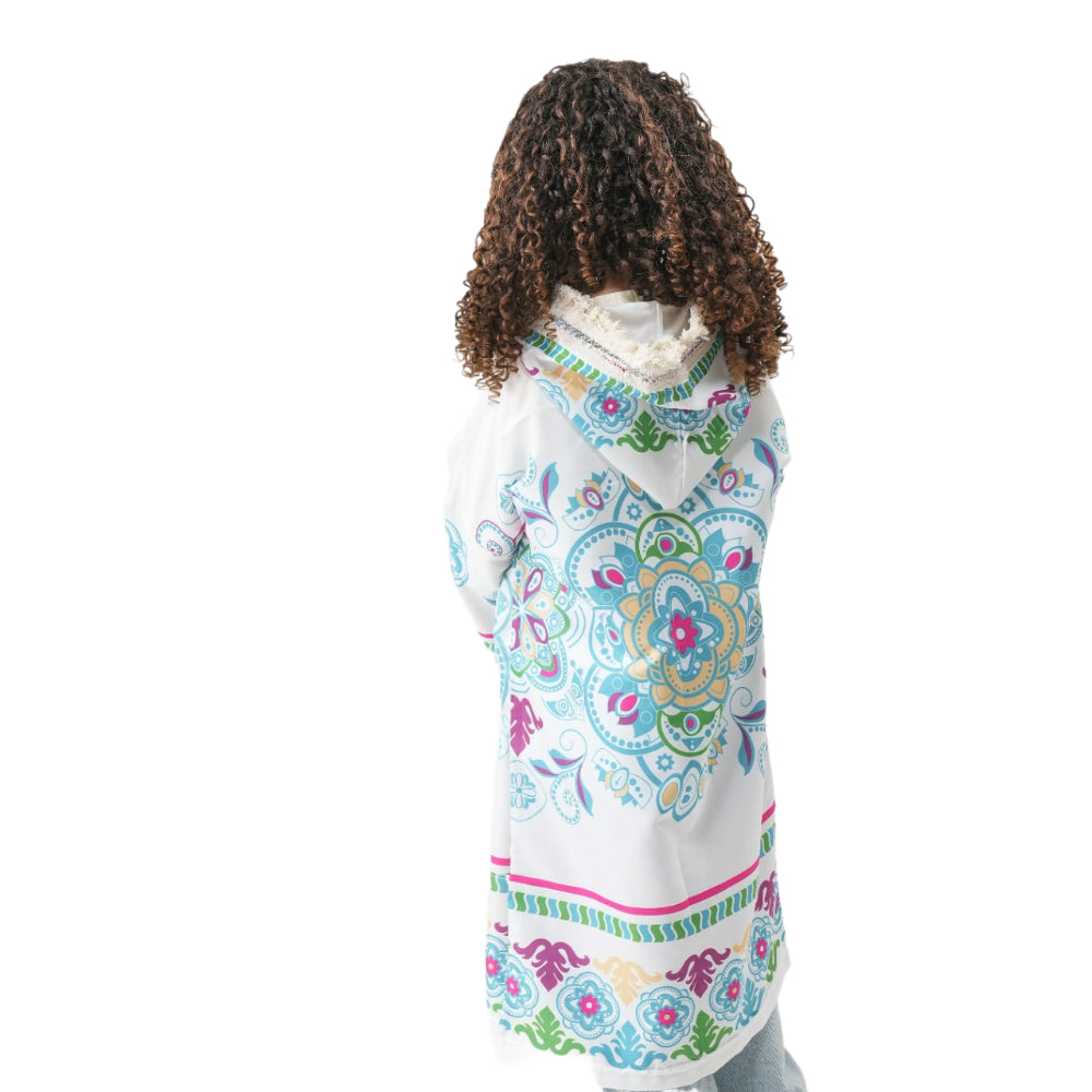 Ramadan Girls Kaftan – White with Islamic Shapes Print