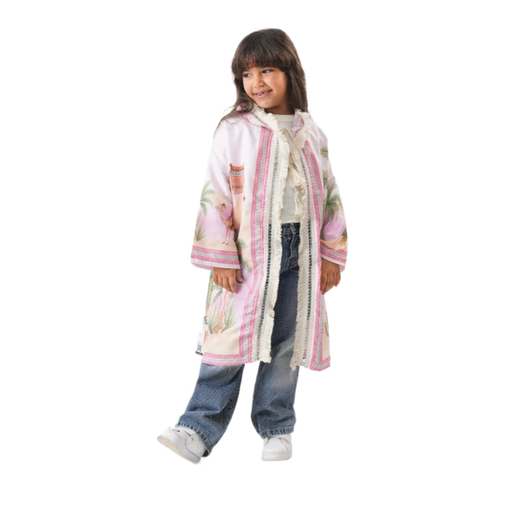 Ramadan Girls Hooded Kaftan – Pink with Hoopoe Print - Clothing