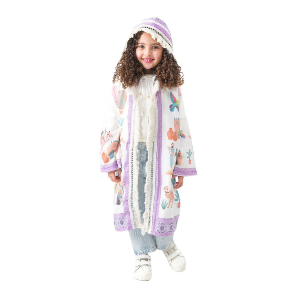 Ramadan Girls Hooded Kaftan – White with Desert Vibes Print - Clothing