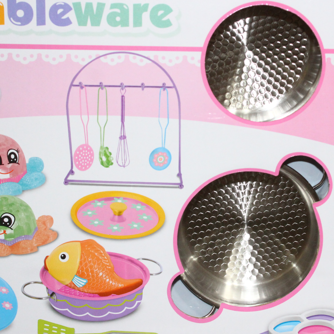 Stainless Steel Cookware Playset with Food Accessories & Coloring Set