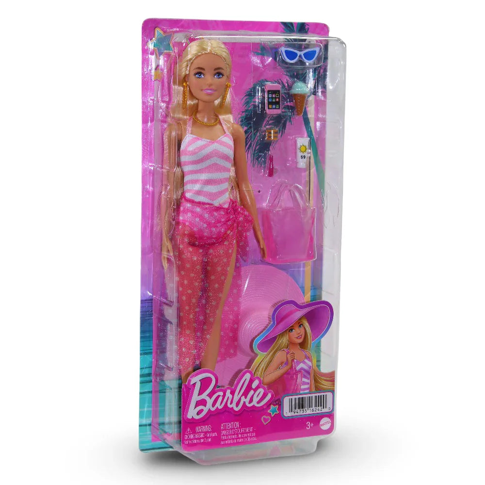 Mattel Barbie Beach Blonde Doll – Pink & White Swimsuit, Accessories, and Beach Bag