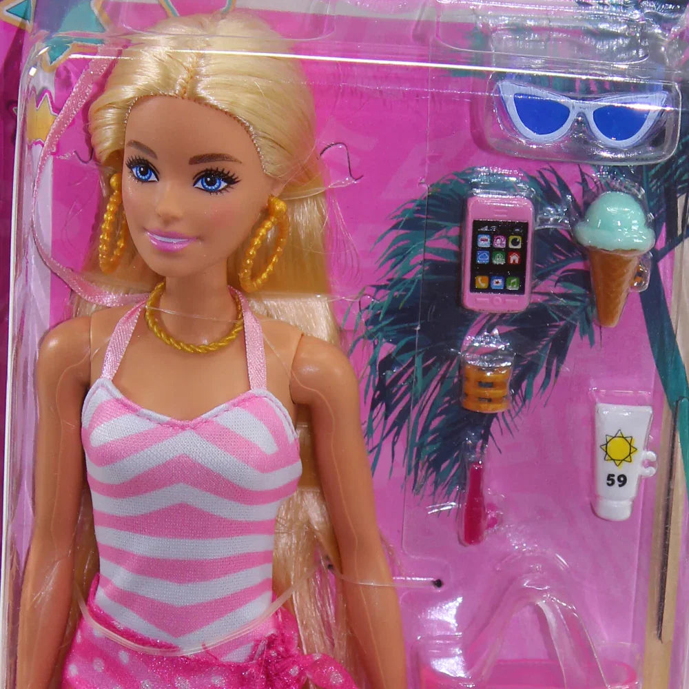 Mattel Barbie Beach Blonde Doll – Pink & White Swimsuit, Accessories, and Beach Bag