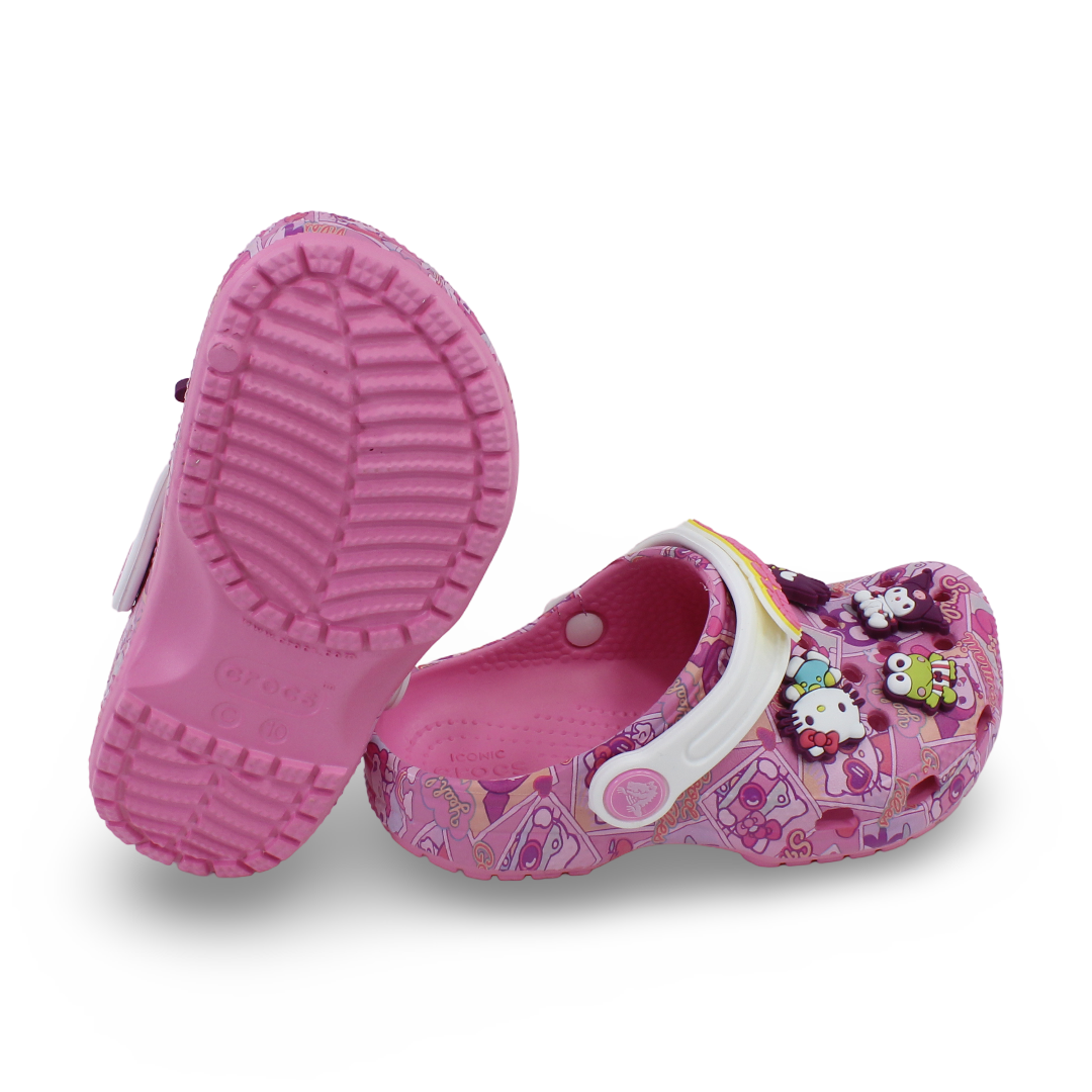 Girls Rubber Crocs – Pink with Hello Kitty and Friends Design