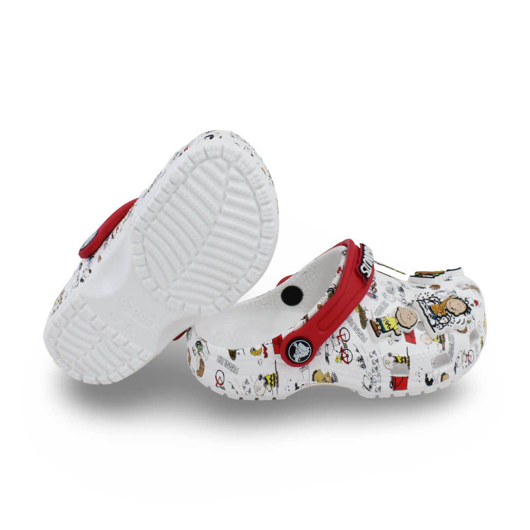 Unisex Kids Rubber Crocs – White with Peanuts Design