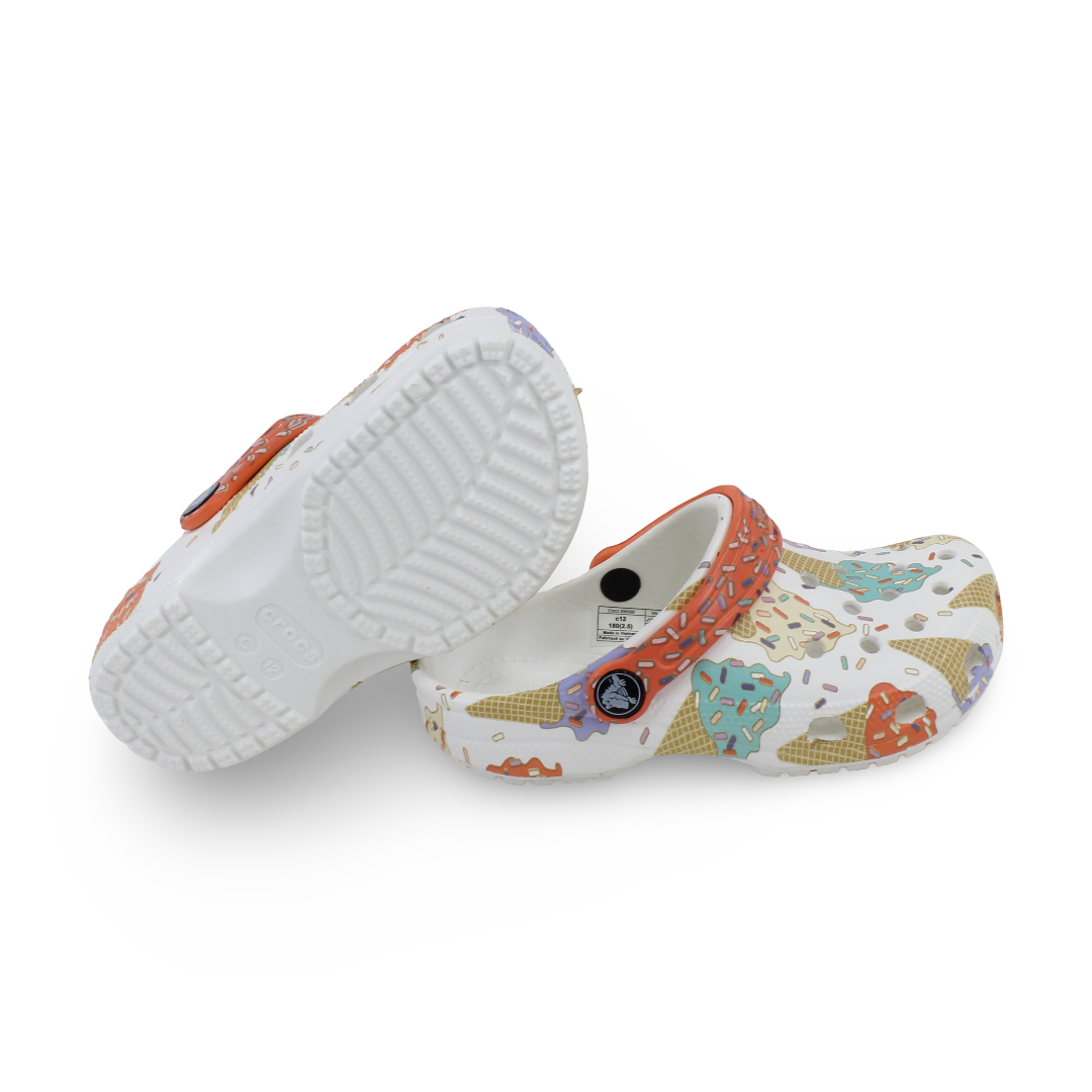 Unisex Kids Rubber Crocs – White with Ice Cream Design