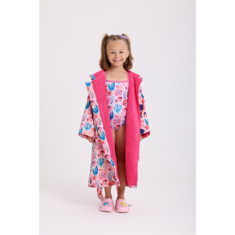 Girls Waterproof Swim Robe – Pink with Sea Creatures Print - Clothing - Playmore