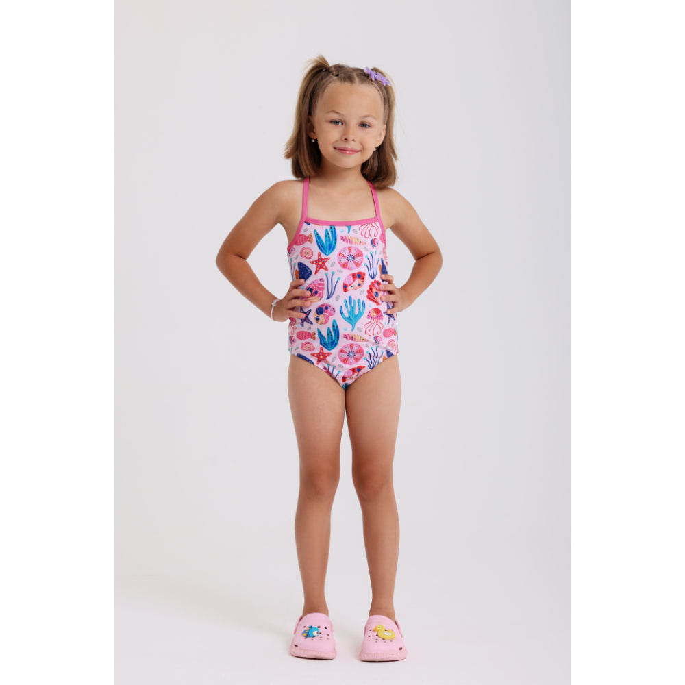 Girls One-Piece Sleeveless Swimsuit – Pink with Under The Sea Print - Clothing - Playmore