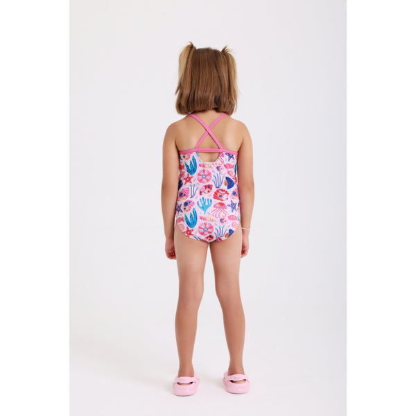 Girls One-Piece Sleeveless Swimsuit – Pink with Under The Sea Print
