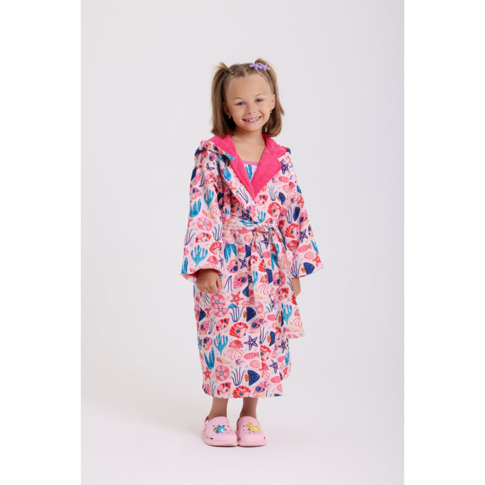Girls Waterproof Swim Robe – Pink with Sea Creatures Print