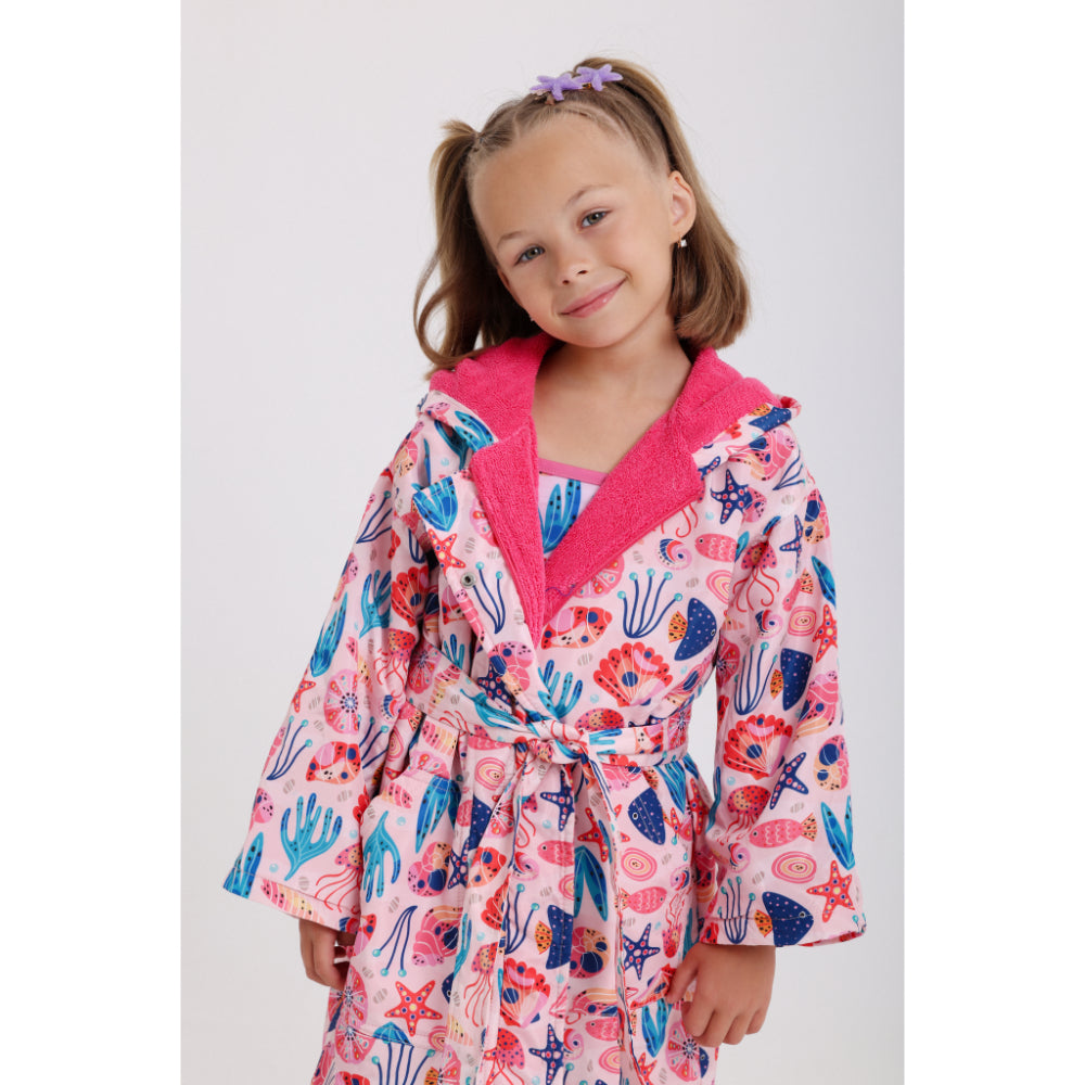 Girls Waterproof Swim Robe – Pink with Sea Creatures Print