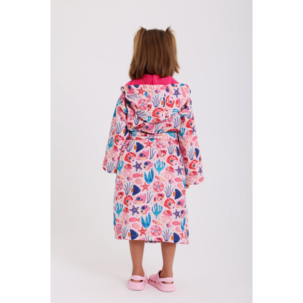 Girls Waterproof Swim Robe – Pink with Sea Creatures Print