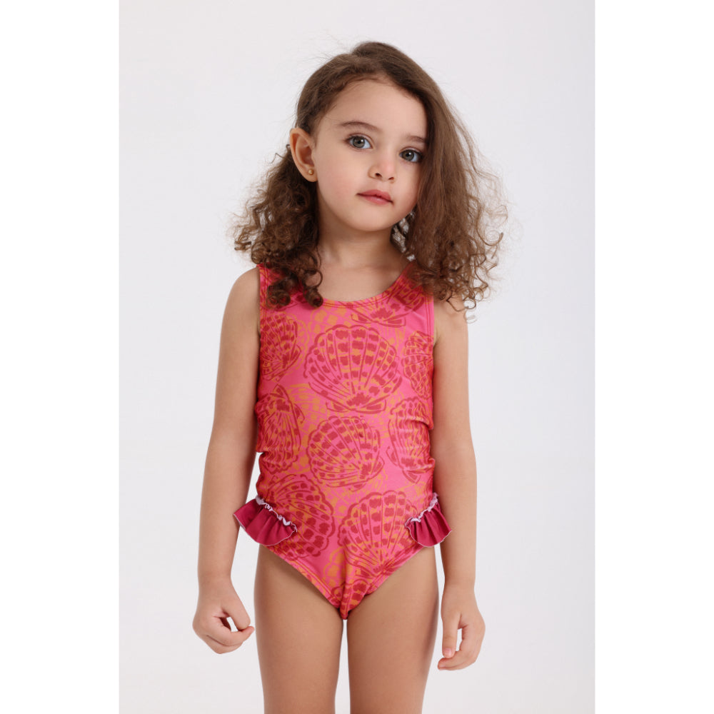 Baby Girls One-Piece Sleeveless Swimsuit – Maroon with Shell Print