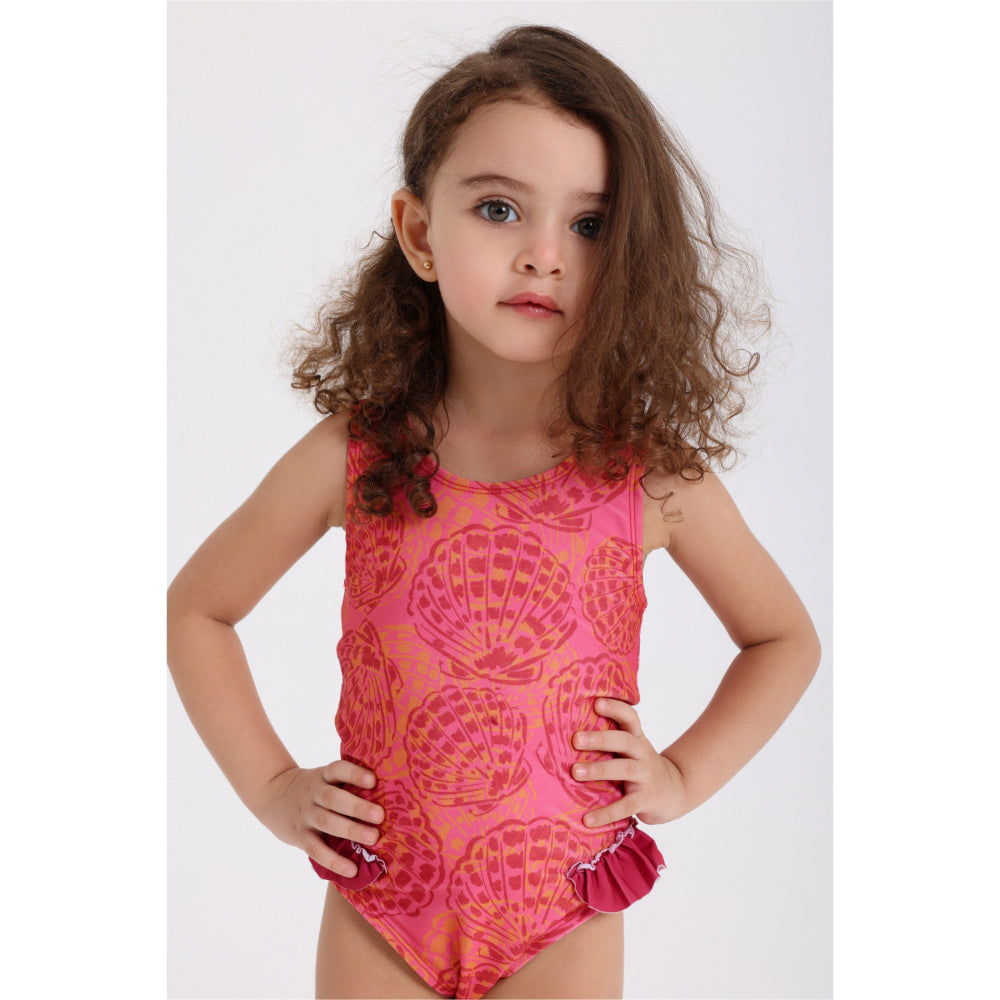 Baby Girls One-Piece Sleeveless Swimsuit – Maroon with Shell Print