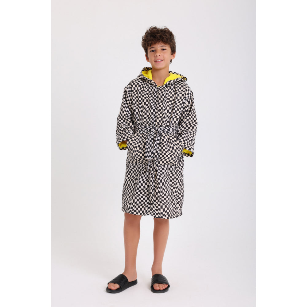 Boys Waterproof Swim Robe – Black & White with Squares Print