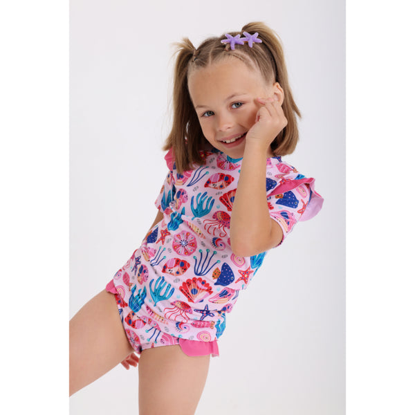 Girls 2-Piece Swimsuit – Pink with Marine Life Print