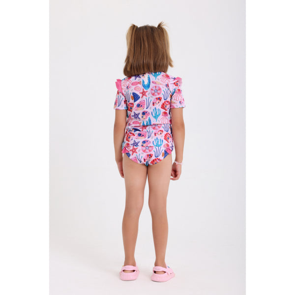 Girls 2-Piece Swimsuit – Pink with Marine Life Print