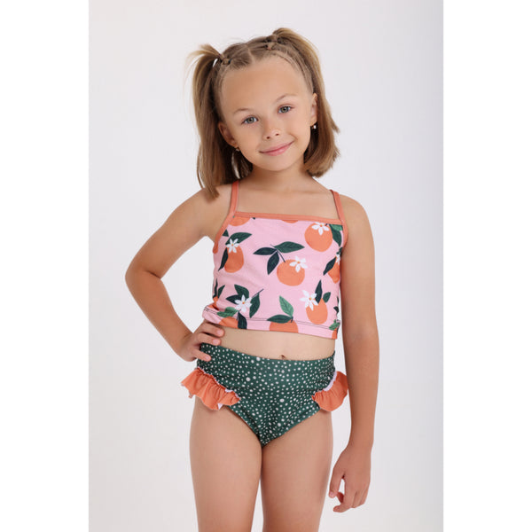 Girls 2-Piece Swimsuit – Dusty Pink & Olive – Orange Print