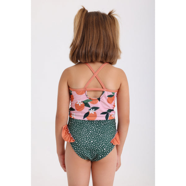 Girls 2-Piece Swimsuit – Dusty Pink & Olive – Orange Print